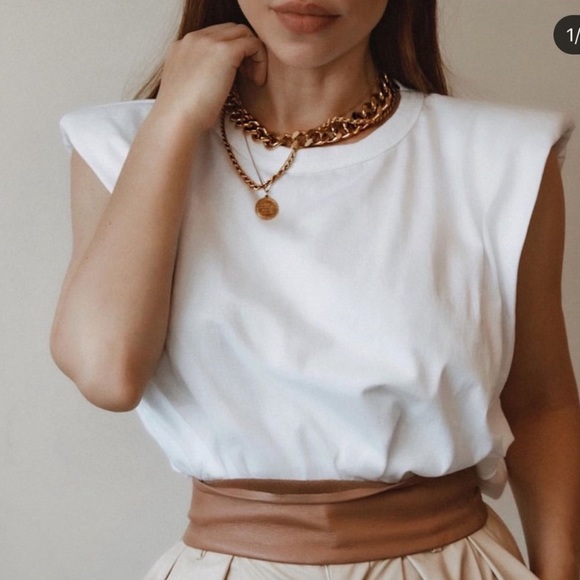 Zara Tops Zara Shoulder Pad Shirt Top White Muscle Tee Poshmark
